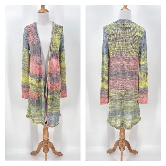 CHASER Duster Cardigan Sweater Womens Medium Gray Yellow Open Space dyed Marl - Picture 1 of 16